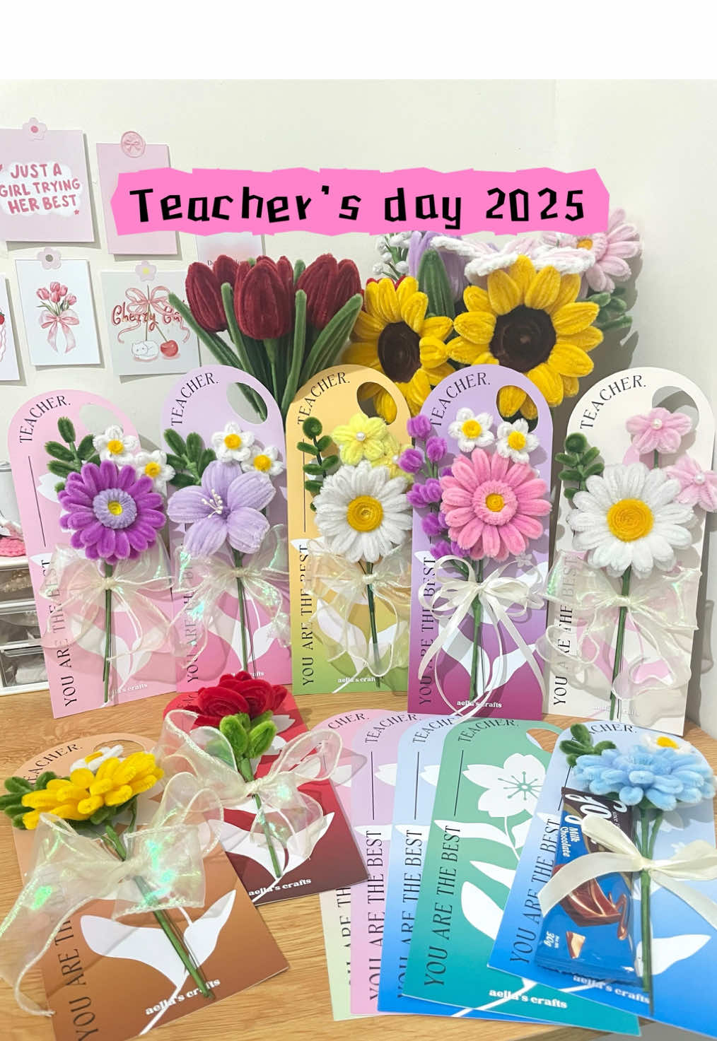 Teacher’s day gift. dm us for orders. Flower card holder Template is also for sale 🩷✨ #fuzzywire #fuzzywireflowers #teachersday #giftideas #pipecleaner 
