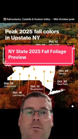 🍁 Fall colors are on the way across New York State! The Adirondacks, Catskills, and Hudson Valley will light up with peak foliage around mid-October, while the Finger Lakes and Western NY glow later in late October into early November. Finally, NYC will hit its stride by mid-November—so no matter where you are, there’s a perfect time to see the season’s beauty. Warm weather may push the timeline a bit later, so keep an eye on weekly foliage reports before your trip. 🌳✨ #FallFoliage #NYFall #LeafPeeping #AutumnVibes #exploreny 