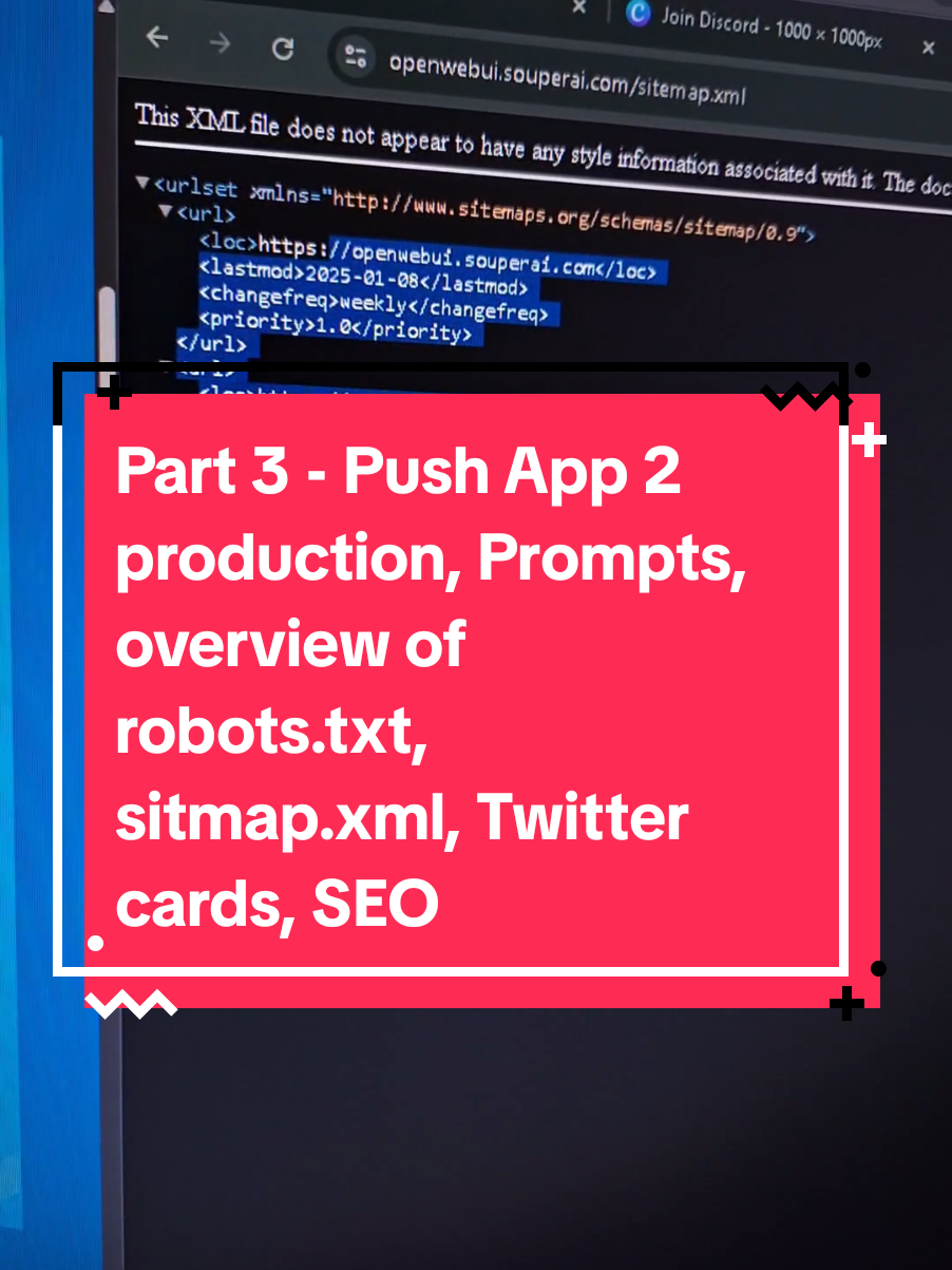 Part 3 - Production Prompts overview, high level overview of robots.txt, sitmap.xml, Twitter cards, and more. Needed before you push your pages to production. Next we will cover connecting domains, analytics, google cloud, Pinterest analytics and connect business. Part 1 we build the main app, Part 2 we learn how to edit to a final copy. #Ai #ArtificialIntelligence #AppDev #MobileApps  #AppDesign   