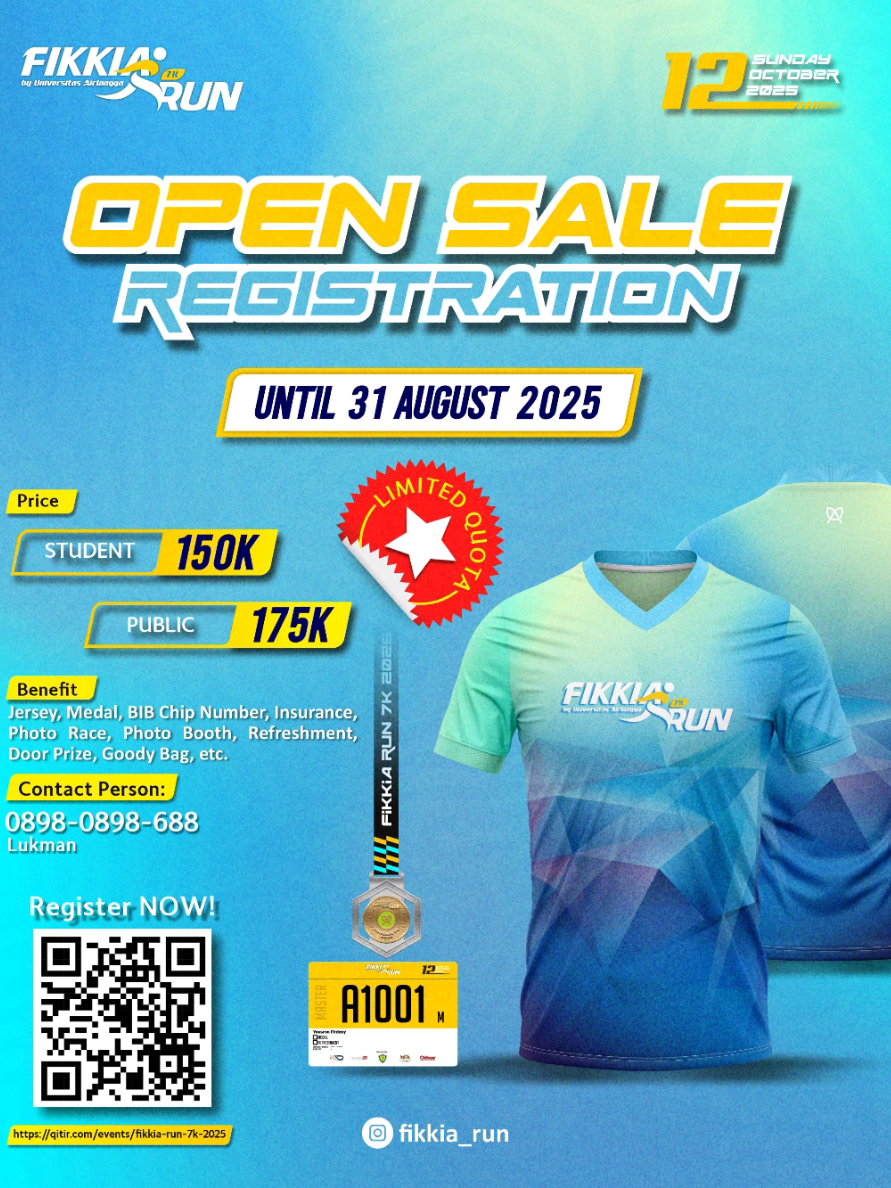 HAI RUNNER 🙌🏻 GASS regis event *Fikkia Run 2025!* 🎉⁣   Siapin tenaga dan semangatmu buat 7K seru di kampus Giri UNAIR Banyuwangi! Horeg banget, nih, buat acara lari bareng yang penuh energi positif dan benefit yang wow 🙀🤩.  Jangan sampai ketinggalan, kouta terbatas! 👟🔥⁣   Udah siap horeg bareng di lintasan? #runers #Running #funrun 