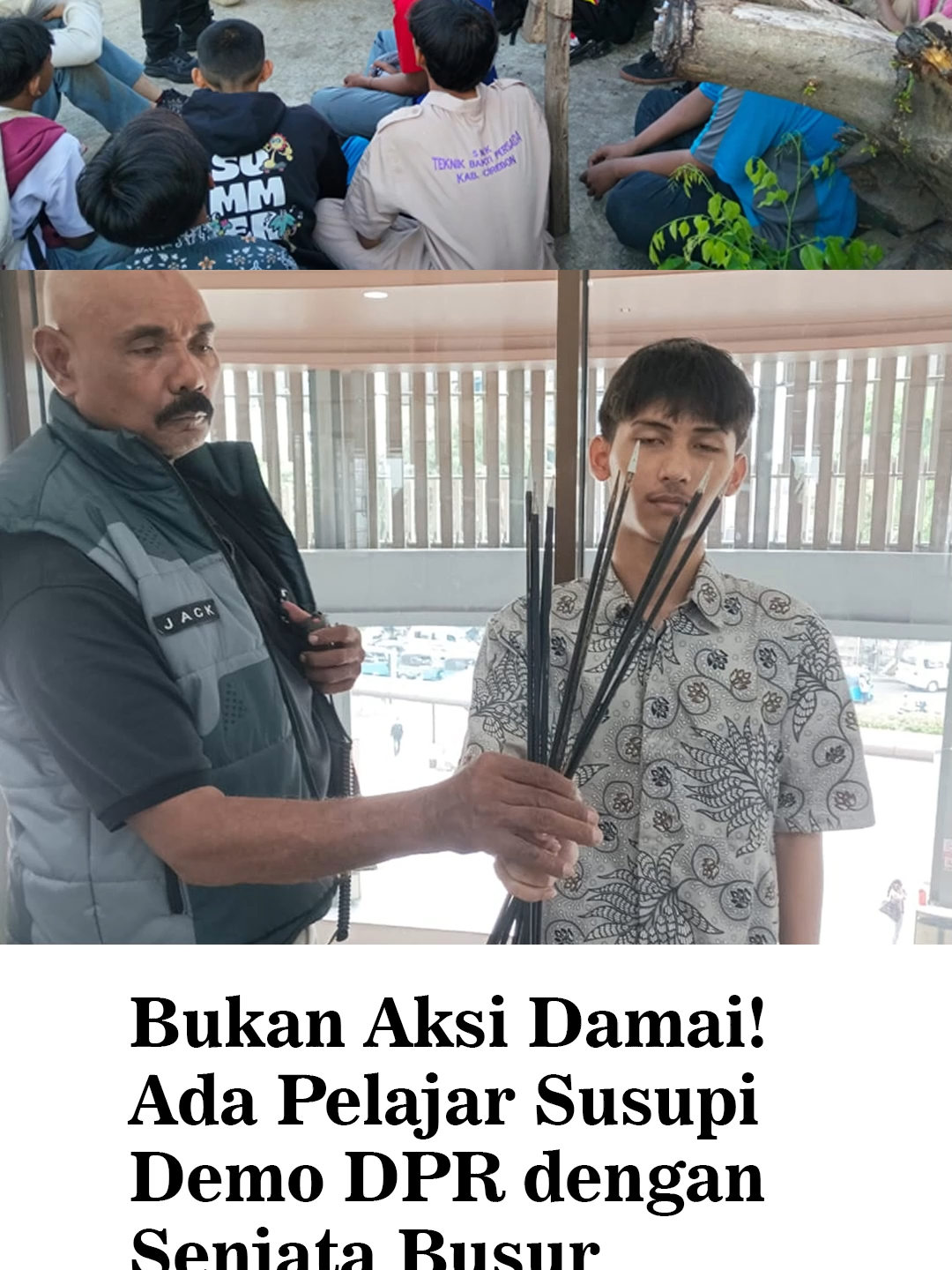 Bukan Aksi Damai! Ada Pelajar Susupi Demo DPR dengan Senjata Busur Panah Jakarta – Publik digegerkan dengan penangkapan seorang pelajar yang kedapatan membawa busur panah saat hendak menyusupi aksi demo buruh KSPI di Gedung DPR, 28 Agustus 2025. Fakta ini membuat masyarakat murka, sebab jelas terlihat adanya niat jahat dan provokasi berbahaya di balik keterlibatan pelajar dalam aksi massa. Dalam foto yang beredar, seorang pelajar berseragam sekolah tampak diamankan bersama barang bukti belasan anak panah siap pakai. Temuan ini sontak menimbulkan pertanyaan besar: siapa yang menggerakkan dan menjerumuskan anak-anak sekolah untuk menjadi alat kerusuhan? Publik pun sangat menyayangkan fenomena pelajar yang bukan hanya bolos sekolah, tetapi sengaja mencari masalah dengan membawa senjata berbahaya.  “Ini sudah bukan lagi aksi unjuk rasa, tapi upaya menciptakan teror di tengah masyarakat. Bayangkan jika busur panah itu digunakan saat ricuh, nyawa orang bisa melayang!” ujar salah satu pengamat. Fenomena ini memperlihatkan bahwa kelompok pelajar telah *tergerus oleh provokasi liar*, kehilangan arah, dan bahkan rela mengorbankan masa depan hanya untuk ikut dalam aksi yang berujung kerusuhan. Masyarakat kini mendesak aparat agar tidak hanya menindak pelaku di lapangan, tetapi juga membongkar dalang yang sengaja menggerakkan anak-anak sekolah ke jalanan. “Jangan biarkan generasi muda kita rusak oleh provokator murahan. Negara harus hadir!” tegas seorang warga. #demoburuh #anarko #demo #dpr #viral_video #demoanarkis