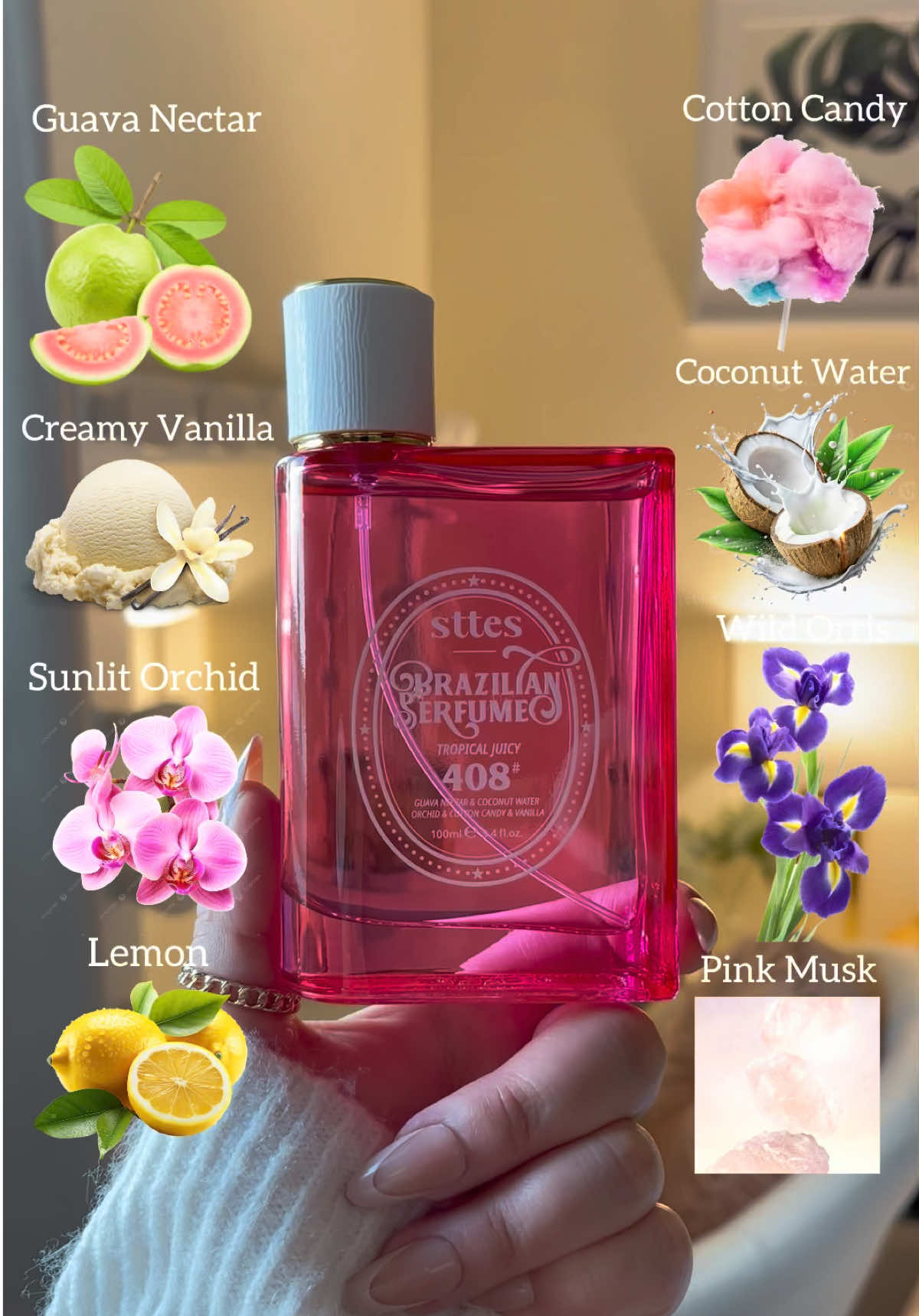Tropical Juicy🌸🌴🍭🥥@Sttes  The most gorgeous & viral fragrance it’s finally back in stock!💕  The juicy essence of ripe guava nectar🌸swirled with creamy vanilla 🍨and topped with a delightful touch of cotton candy🍭a tropical treat that’s both refreshing and deliciously fruity sweet breeze that lingers with joy and warmth✨    This perfume is tropical, fruity & sweet🍭🌴🌸🥥  🌸🌴🍭Top Notes: Guava Nectar and Refreshing Coconut Water. 🌸🌴🍭Middle Notes: Sunlit Orchid, Lemon and Wild Iris. 🌸🌴🍭Base Notes: Corton candy , Vanilla and Pink Musk. Click the orange cart to shop!🛍️   #sttes#sttesperfume#perfume#fragrance#summerperfume  