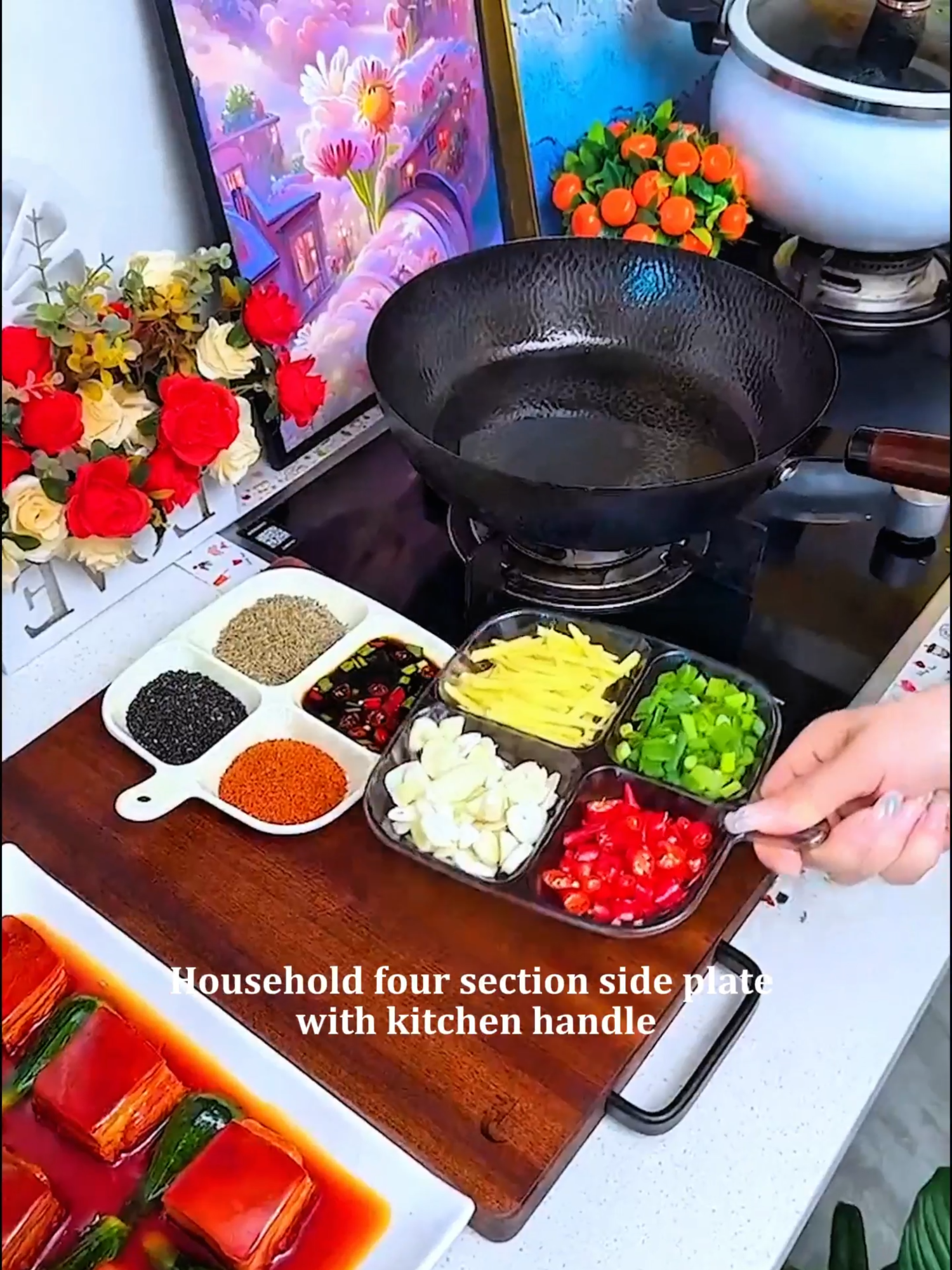 4 Girds Kitchen Divided Preparation Dish Plate Household Hot Pot Special Dinner Plate Ginger Garlic Plastic Serving#Afoursectionsidedishplate#Asidedishwithahandle#Multifunctionaldippingsaucetray