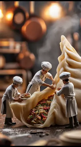 ミニチュア職人🥟🛠️ 今日の現場は「餃子工房」！ 大きなキャベツに押しつぶされそうになりながら刻む職人たち 手作業での包は職人ごとのクセが出る、鉄板に並んだら「ジュワッ」と香ばしい音✨ ラストは黄金色の羽根つき餃子が完成して、工房中が拍手喝采🎉 #ミニチュア #ミニチュア職人 #ミニチュアアート #餃子#ジオラマ