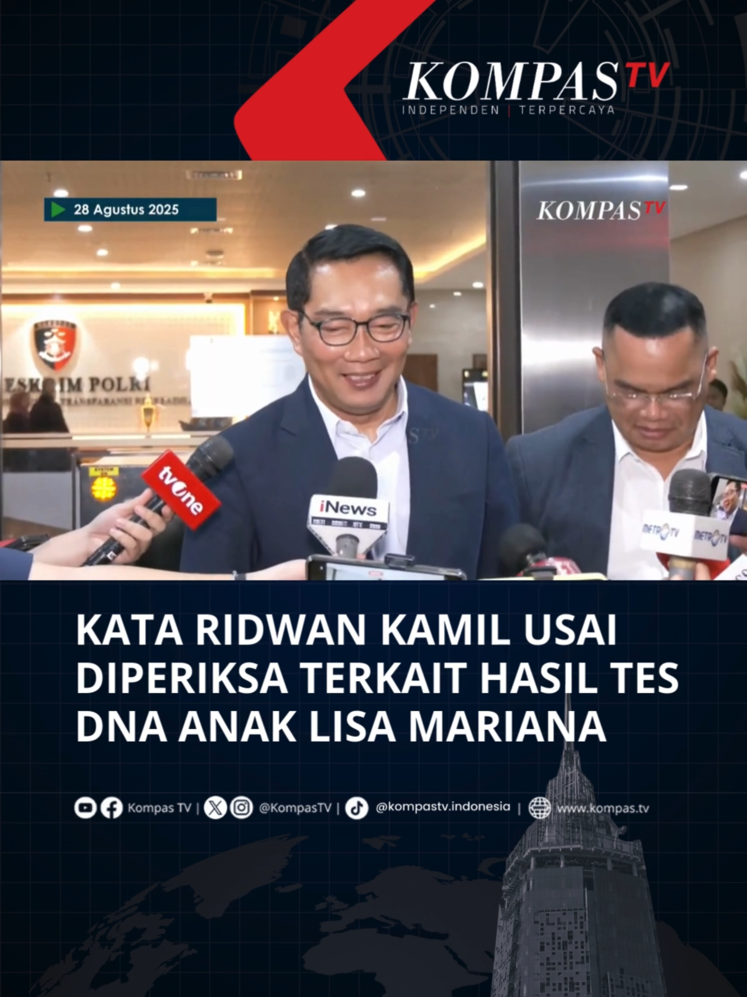 Mantan Gubernur Jawa Barat, Ridwan Kamil mendatangi Bareskrim Polri pada Kamis (28/8/2025). Ditanya soal tantangan dari Lisa Marian terkait tes DNA ulang, Ridwan Kamil meyakini 1000 persen hasilnya akan sama aja. Tuliskan komentarmu dan dapatkan berita terkini lainnya di www.kompas.tv serta youtube.com/kompastv #SOROTKompasTV #TikTokBerita