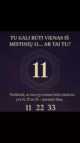 🔮 Tu gali būti vienas iš mistinių 11... Ne visi turi šį skaičių. 11, 22 ir 33 – tai Meistro skaičiai, kurie slepia ypatingą paskirtį. ❓Ar tavo gyvenimo kelio skaičius vienas iš jų? 👇 Parašyk gimimo datą komentaruose – ir sužinok 💫 #Numerologija #MeistroSkaičius #Skaičius11 #Raspell #TavoKelias #GimimoData 