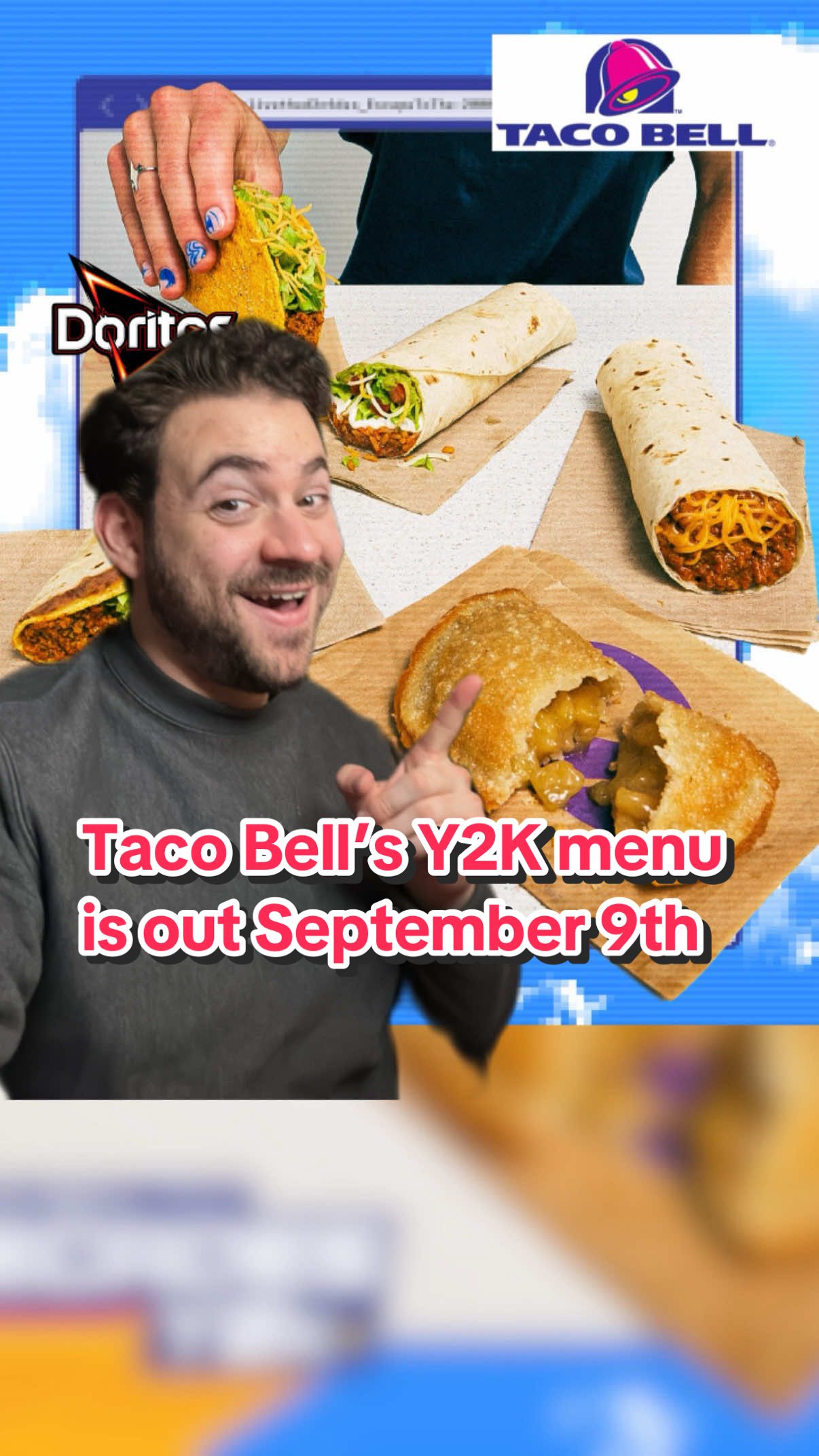 Taco Bell just announced its new Y2K Decades Menu coming out on September 9th and we’ve got the details.  It revives five fan favorite menu items including the Caramel Apple Empanada, Cool Ranch Doritos Locos Taco, 7-Layer Burrito, Double Decker Taco, and Chili Cheese Burrito as well as gives fans the opportunity to collect three new pieces of retro-themed merch via Tuesday Drops including a blinged-out Ed Hardy hat, a Y2K-inspired digital watch, and a Decades Y2K t-shirt.  There’s even a digital pet called the Crunchkin which we’re dubbing the next era of the Tomogatchi.  Are you excited for the launch of Taco Bell’s new Y2K Decades Menu?  #fastfood #tacobell #FoodTok #foodnews #doritos  