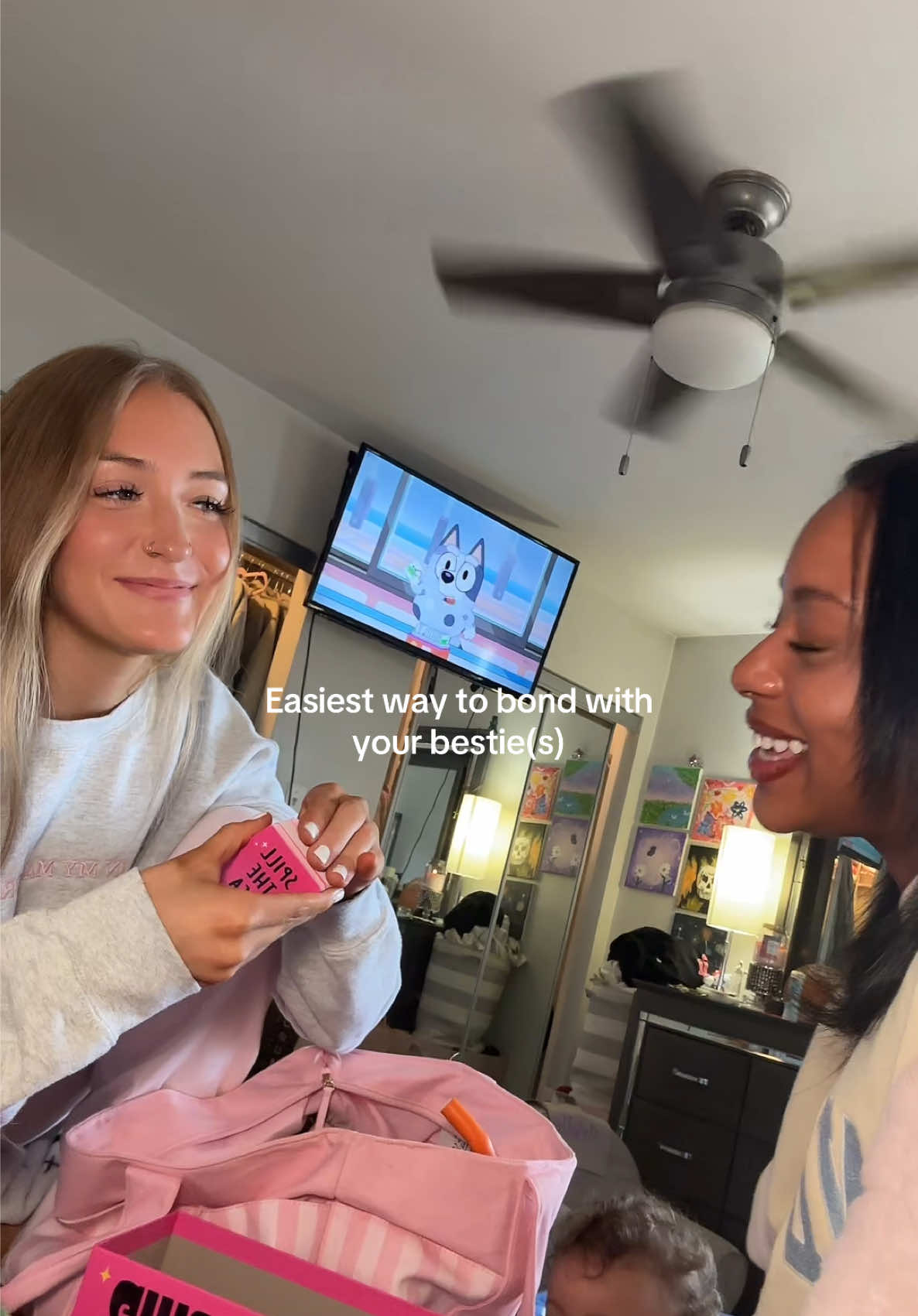 This game is actually meant for bigger groups (3-8 players) but was so much fun even with just us two lol. we played for so long.. especially after we figured out it had a spin wheel with name boards 😭 #GameNight #girlsnight #forthegirls #unfiltered #carlasfavorites 