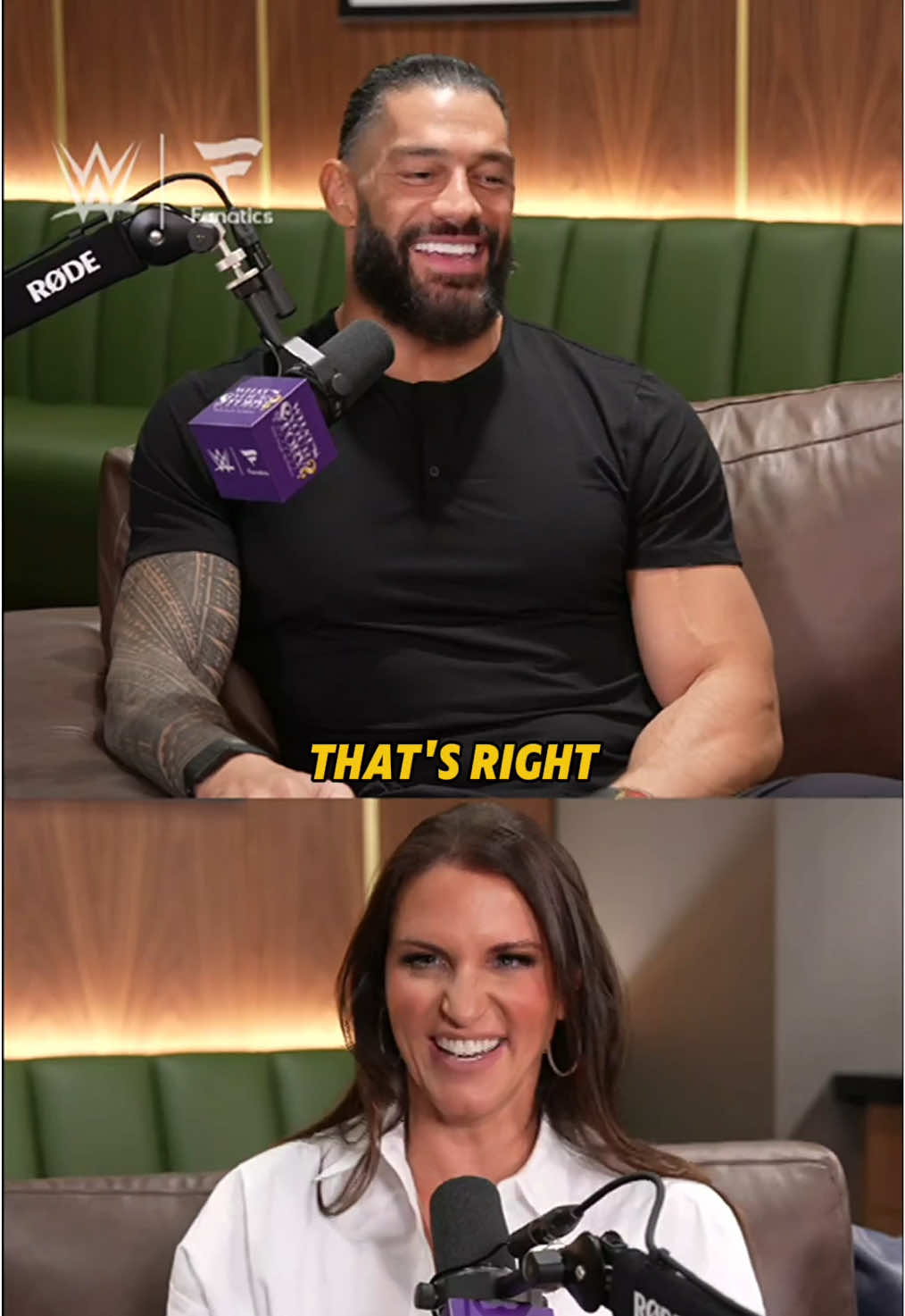 I’m so sorry I burst your eardrum #RomanReigns! Always taught to “lay it in!” so it didn’t look weak! Thank you for such a fun interview! Be sure to check out an all new #WhatsYourStory now! @Elyse Dudzinski @Roman Reigns @Fanatics @WWE  