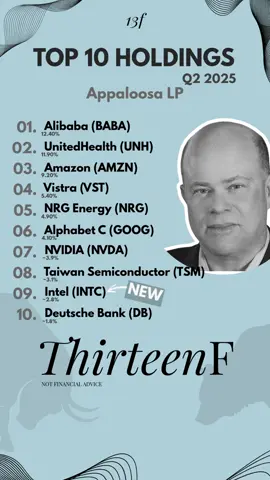 🔥 Appaloosa Management – Q2 2025 Portfolio Breakdown David Tepper does not sit still. Appaloosa’s Q2 moves show a high-conviction mix of big tech, deep value, and selective energy plays. The top holding is Alibaba, followed by UnitedHealth, Amazon, Vistra, and NRG Energy. Each position reflects Tepper’s willingness to buy into dislocation. He also added new names this quarter, including NVIDIA and Deutsche Bank, both signaling confidence in recovery and rate-sensitive upside. Tepper has always been tactical. He watches liquidity, positioning, and macro shifts. But when he sees mispricing, he acts with size. 👇 Which of these positions do you think the market is still underestimating? 🔍 Follow @ThirteenF to see how the biggest names in the business allocate capital, one filing at a time. #DavidTepper #Appaloosa #13F #Q22025 #SmartMoney #ValueInvesting #TechAndEnergy #DeepConviction #TopHoldings #ThirteenF #NotFinancialAdvice — Disclaimer: This post is based on publicly available 13F filings for Q2 2025 and is for informational and educational purposes only. It does not constitute investment advice or a recommendation to buy or sell any securities. These filings reflect historical positions and may not represent current holdings. Always perform your own due diligence or consult a licensed financial advisor before making investment decisions.