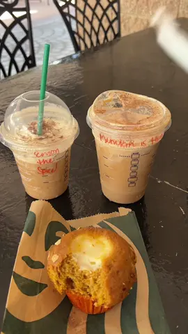 pumpkin cream cheese muffin + pumpkin spice frappuchino is the best fall duo #foryou #pumpkinspice #fall #autumnaesthetic 