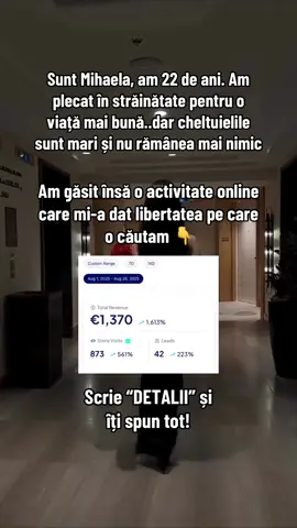 Mii de români părăsesc țara în fiecare an cu speranța unei vieți mai bune în străinătate. Cu toții știm povestea: sacrificii mari, muncă grea, chirii și cheltuieli uriașe care lasă prea puțin în buzunar la final de lună. Mulți dintre noi am plecat cu vise mari, dar am descoperit că nu e deloc ușor să îți construiești libertatea financiară departe de casă. Eu sunt Mihaela, am 22 de ani și am trăit exact această realitate. Am plecat pentru un viitor mai bun, dar m-am lovit de greutăți la fiecare pas. Apoi am descoperit o activitate online care mi-a schimbat viața. Acum pot să muncesc de oriunde, să am timp pentru mine și, cel mai important, să construiesc un viitor sigur fără să fiu prinsă în rutina obositoare din străinătate. 🔑 Dacă și tu simți că meriți mai mult și cauți o oportunitate reală care să-ți ofere libertate și independență financiară, scrie în comentarii „detalii” și îți povestesc pas cu pas cum am reușit. Nu e nevoie de experiență, doar de dorința de a-ți schimba viața. 💡 Nu lăsa visul tău să se piardă printre facturi și ore de muncă fără sfârșit. Alege să-ți construiești viitorul pe termen lung, chiar dacă ești departe de casă. ➡️ Scrie „detalii” în comentarii și află cum poți începe și tu! #ViataInStrainatate #RomaniPesteHotare #LibertateFinanciara #MuncaOnline #OportunitateNoua 