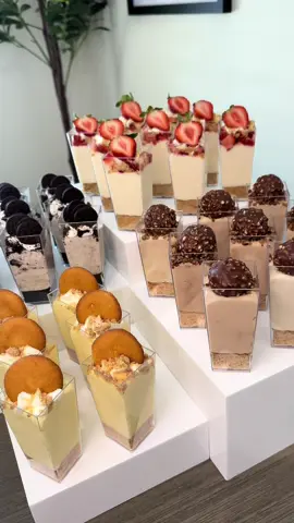 Our most popular cheesecake shooter flavors!😍 Ferrero Rocher, Strawberry, Banana Pudding, & Oreo ☺️#dessertideas #RGV #956rgv🌴 #fypシ 