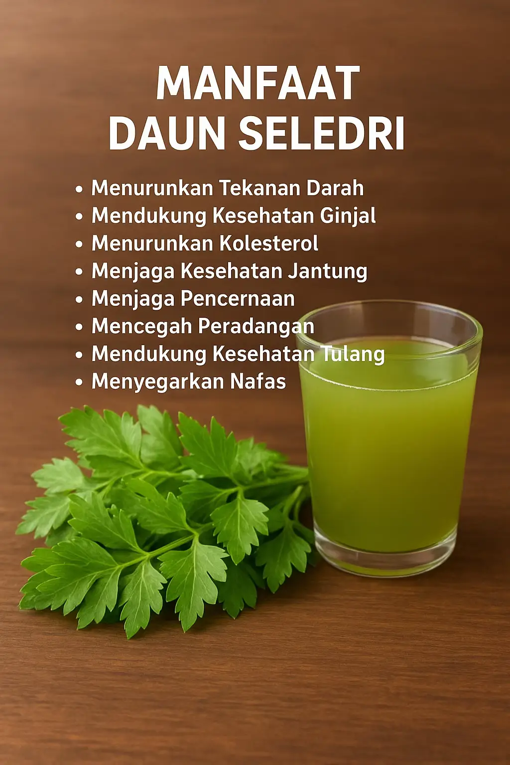 Daun seledri sering dipakai sebagai bumbu masakan dan juga dikenal punya banyak manfaat kesehatan. Berikut manfaat utamanya: 🌿 Manfaat Daun Seledri 	1.	Menurunkan Tekanan Darah 	•	Mengandung senyawa ftalida yang membantu melemaskan otot pembuluh darah dan melancarkan aliran darah. 	2.	Mendukung Kesehatan Ginjal 	•	Bersifat diuretik alami, membantu meningkatkan produksi urine sehingga bisa membantu mengeluarkan racun dari tubuh. 	3.	Menurunkan Kolesterol 	•	Senyawa aktifnya dapat membantu menurunkan kadar kolesterol jahat (LDL). 	4.	Menjaga Kesehatan Jantung 	•	Kaya antioksidan, vitamin C, beta-karoten, dan flavonoid yang melindungi jantung dari kerusakan akibat radikal bebas. 	5.	Menjaga Pencernaan 	•	Kandungan seratnya membantu melancarkan BAB dan menyehatkan usus. 	6.	Mencegah Peradangan 	•	Daun seledri memiliki sifat anti-inflamasi yang baik untuk nyeri sendi atau arthritis. 	7.	Mendukung Kesehatan Tulang 	•	Kaya vitamin K yang penting untuk kesehatan tulang dan pembekuan darah. 	8.	Menyegarkan Nafas 	•	Aroma segar seledri bisa membantu mengurangi bau mulut.#daunseledri #infosehatt #sehatalami 