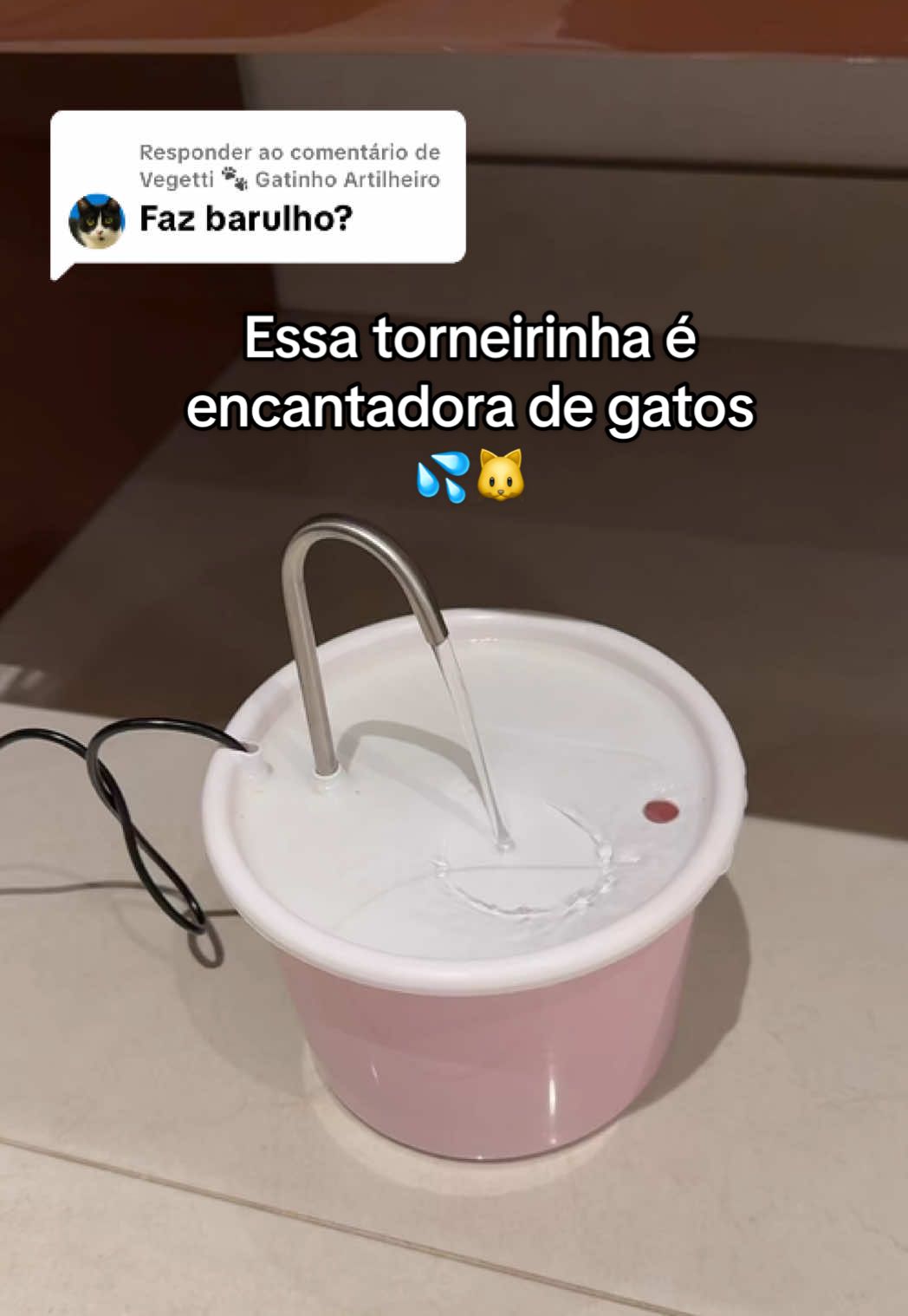 Respondendo a @Vegetti 🐾 Gatinho Artilheiro 🐱 Zero barulho! Essa torneirinha é RECORDE de vendas aqui no TikTok por isso! Boa, baratinha e ainda bivolt! 💦 #fonte #bebedouro #torneirinha #bebedouroautomatico #bebedouropet 