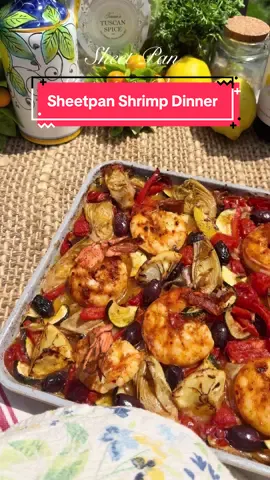 FOR THIS RECIPE….I use Teresa’s Tuscan Spice (Italian Spice Blend) and the Extra Virgin Olive Oil from my home in Tuscany.  Good quality ingredients in simple dishes are so important.  I can’t stress this enough.  Both are available on my website www.miciamammmas.com along with a printable version of this recipe Ingredients (Serves 4) Shrimp  ¼ cup Olive Oil  1.5 Shrimp, cleaned and deveined  1 lemon, zest and juiced 1 ½ tsp Italian Spice, I useTeresa’s Tuscan Spice ½ tsp. Salt ⅛ tsp. Red Pepper Flakes  ¼  tsp. Paprika  ¼  tsp. Coriander  ¼ tsp. Cumin Veggies 1 lb. Zucchini. Sliced and cut into half moons  ⅓ cup Pitted Black Olives  1 pint Cherry Tomatoes  14.5 oz. Artichoke Hearts in oil, drained and sliced in half  1 Small Red Onion, sliced.  1 Red Pepper, julienned  ⅓ Cup Olive Oil 1 tsp. Salt ¼ tsp. Black Pepper ¼ tsp. Italian Spice 1 lemon, zest and juiced #sheetpandinner #onepanmeal #easydinner #shrimprecipe #shrimp 