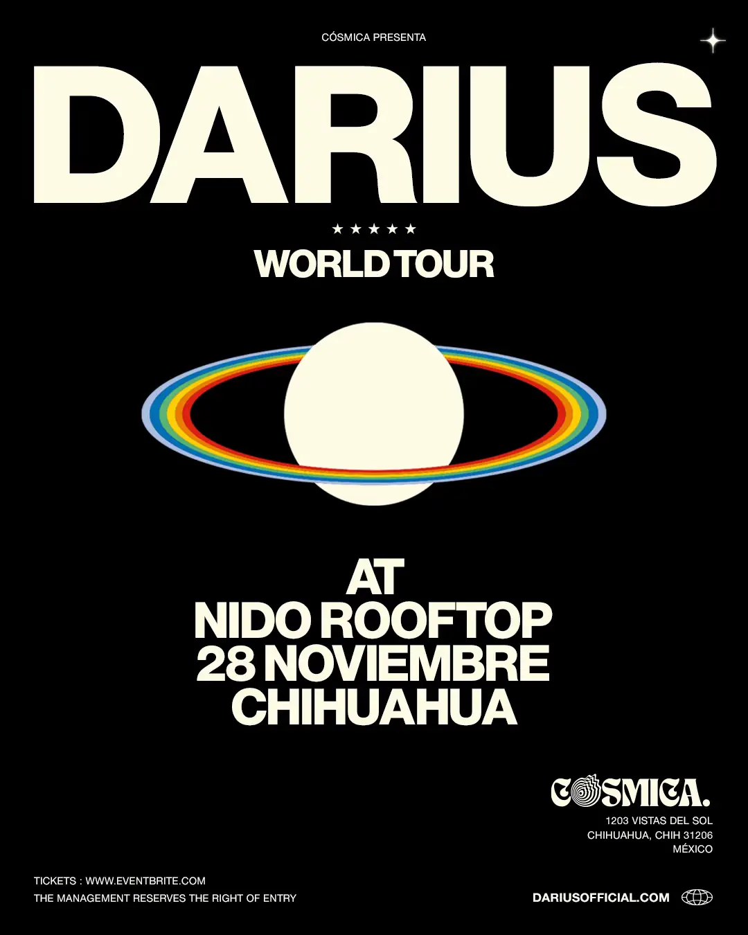 🚨 PRIMERA VEZ EN CHIHUAHUA 🚨 El DJ francés Darius llega con todo su groove y sonidos elegantes ✨ 📅 28 de noviembre | Chihuahua 🎟️ Boletos en Eventbrite ¿Estás listo para esta experiencia única? 👀🔥 #Darius #Chihuahua #CosmicaEvents #RocheMusique
