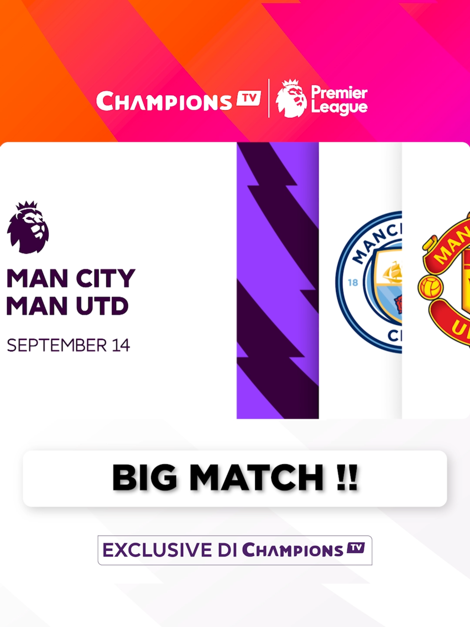 🔥BIG MATCH🔥 Saksikan match Man City vs Man Utd disiarkan live di Champions TV 5 and 6! Save the date and don’t miss out! #premierleague #mu #manchester #fulham #everton #brighton #newcastle #mufc #fulhamfc #bigmatch #derby #championstv #homeofthechampions #serunyaligainggris #serunyaolahraga