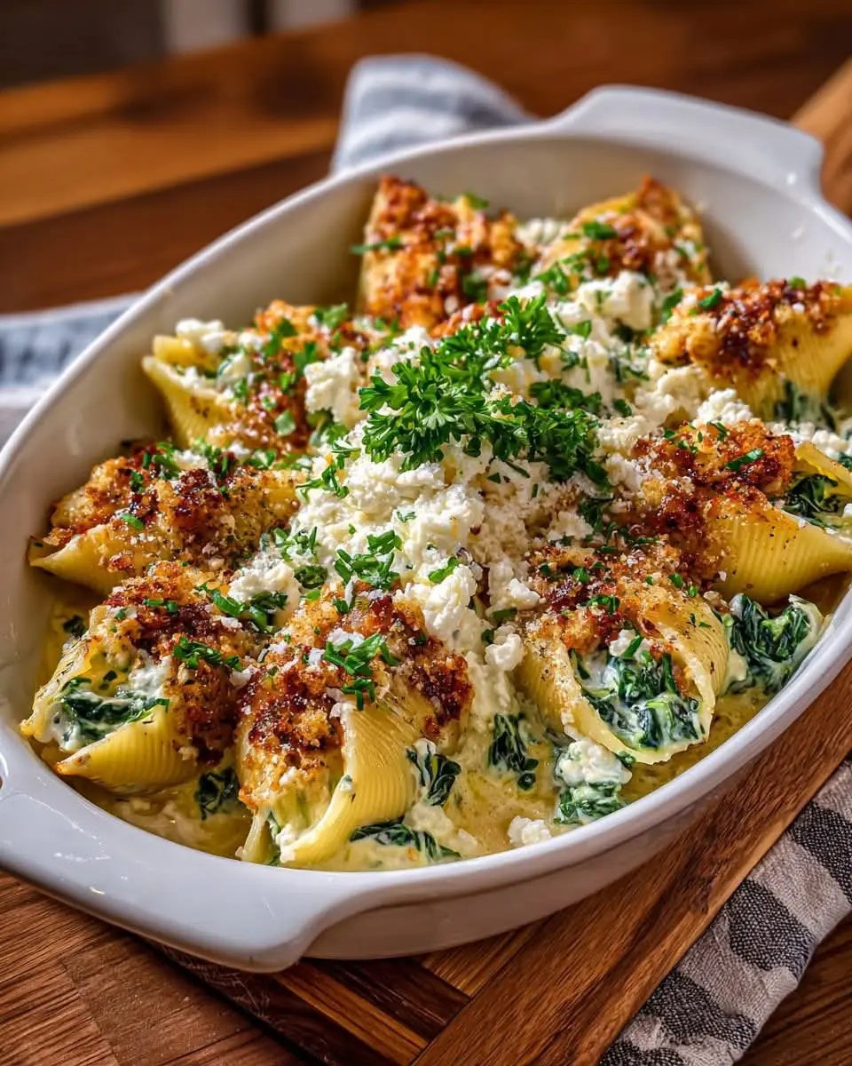 Greek Stuffed Shells with Spinach, Feta & Lemon Cream Ingredients: 20 jumbo pasta shells 1 tablespoon olive oil 2 cloves garlic, minced 4 cups fresh spinach, chopped 1 cup ricotta cheese 1/2 cup crumbled feta cheese 1/4 cup grated Parmesan cheese 1 egg, lightly beaten 1 teaspoon dried oregano 1 teaspoon lemon zest Salt and black pepper, to taste For the Lemon Cream Sauce: 2 tablespoons butter 2 tablespoons all-purpose flour 2 cups milk 1/4 cup heavy cream 2 tablespoons lemon juice 1/4 teaspoon nutmeg Salt and black pepper, to taste Directions: Preheat oven to 375°F (190°C). Lightly grease a baking dish. Cook jumbo shells according to package instructions until al dente. Drain and set aside. Heat olive oil in a skillet over medium heat. Add garlic and cook for 1 minute. Stir in spinach and cook until wilted, about 3 minutes. Remove from heat. In a bowl, combine ricotta, feta, Parmesan, egg, oregano, lemon zest, spinach mixture, salt, and pepper. Mix until well combined. Stuff each cooked shell with the spinach-feta mixture and arrange in the prepared baking dish. For the sauce: In a saucepan, melt butter and whisk in flour to form a roux. Slowly whisk in milk and cook until thickened, about 5 minutes. Stir in heavy cream, lemon juice, nutmeg, salt, and pepper. Pour the lemon cream sauce over the stuffed shells. Cover with foil and bake for 20 minutes. Remove foil and bake another 10 minutes until bubbly. Let cool slightly before serving. Prep Time: 20 minutes | Cooking Time: 35 minutes | Total Time: 55 minutes Kcal: 410 kcal | Servings: 6 servings