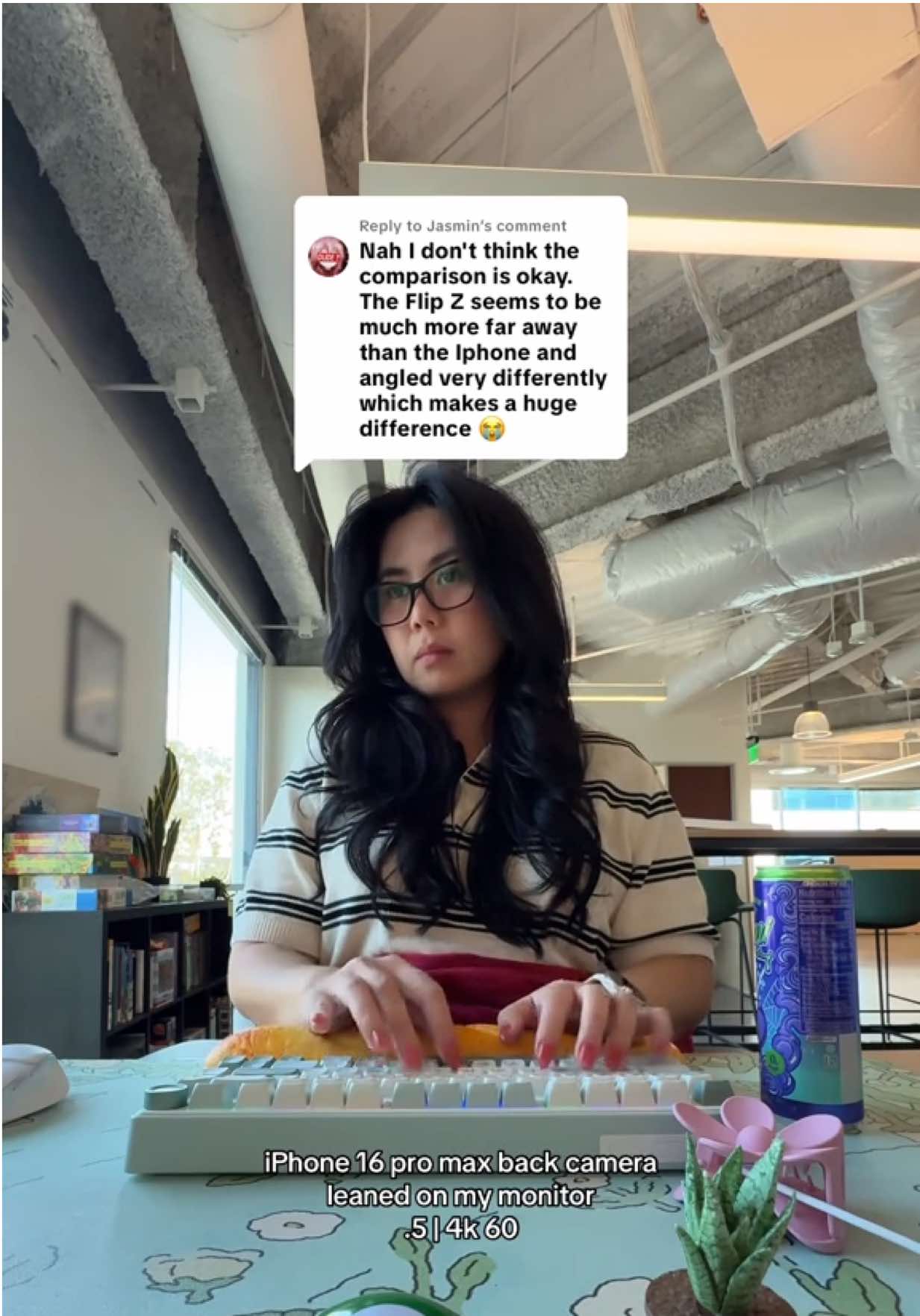 Replying to @Jasmin filmed at different times of the day, different angles, both on the table though so  hopefully this is a better comparison lmk 🥰 idk which one I like more tbh I’m definitely used to the iPhone quality but they’re both great! 😆 #zflip7 #zflip #corporategirlies #fyp #techreview 