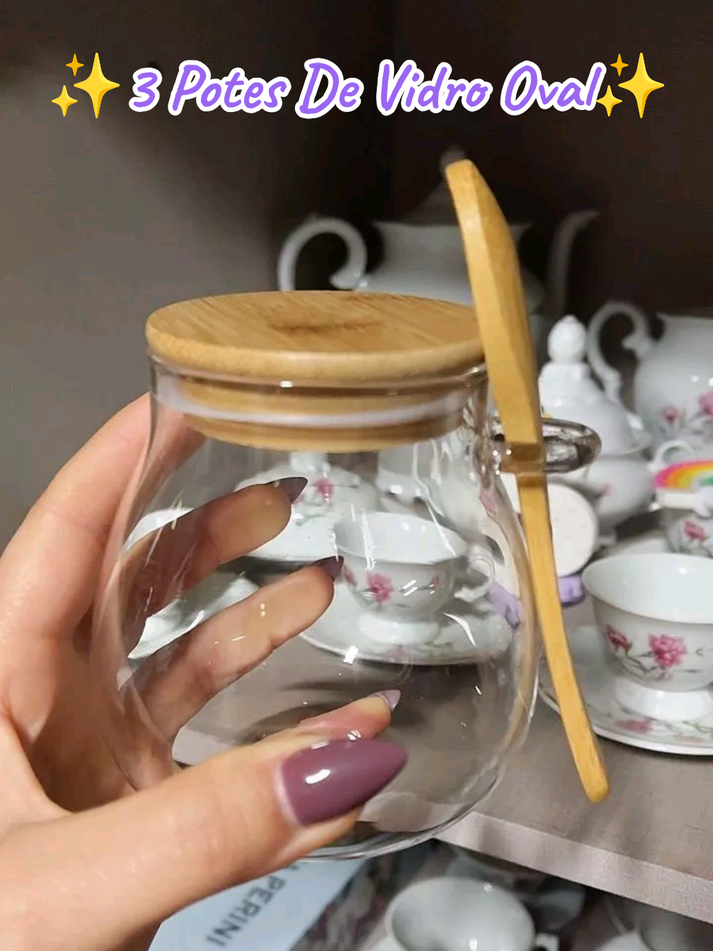 3 Potes De Vidro Oval Tampa e Colher Bambu Hermético 410ml  #CapCut 