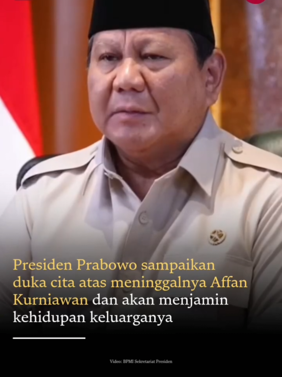 Presiden Prabowo menyampaikan duka cita atas meninggalnya pengemudi ojol Affan Kurniawan yang tertabrak kendaraan taktis (rantis) dalam unjuk rasa yang terjadi di Jakarta pada Kamis (28/8) malam. 