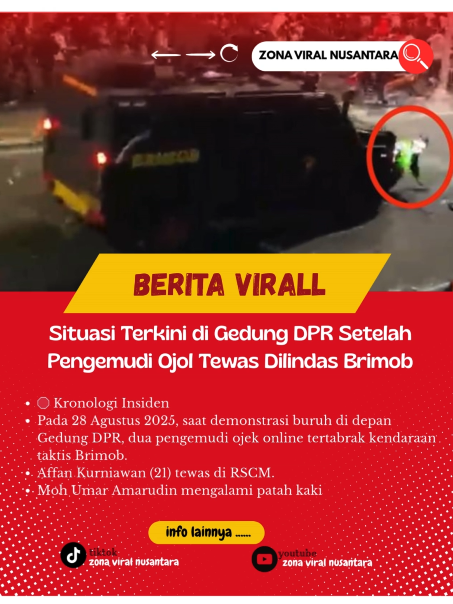 Situasi Terkini di Gedung DPR Setelah Pengemudi Ojol Tewas Dilindas Brimob Jakarta, 29 Agustus 2025 — Aksi demonstrasi buruh di depan Gedung DPR berujung tragis. Dua pengemudi ojek online tertabrak kendaraan taktis Brimob, menyebabkan satu korban tewas dan satu luka berat. Affan Kurniawan (21) meninggal dunia di RSCM, sementara Moh Umar Amarudin dirawat akibat patah kaki di RS Pelni. Insiden ini memicu kemarahan massa ojol yang kemudian mengepung Markas Brimob pada malam hari, meneriakkan kecaman dan melempar batu. Serikat Pekerja Angkutan Indonesia menuntut Kapolri bertanggung jawab atas tindakan represif aparat. Hingga Jumat pagi, puluhan pengemudi ojol masih berkumpul di depan DPR#beritatiktok #beritapolitik #beritahot #beritaupdate #fyppppppppppppppppppppppp #viralvideos #trendingtiktok #fypdongggggggg #tred #viral #fypシ゚ #fypシ゚viral🖤tiktok #ojoltiktok #brimob #polisi #prabowo #brimobuntukindonesia