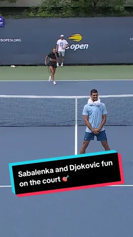 Aryna Sabalenka and Novak Djokovic having some fun with their serves on the practice court 🎯😂 #tennis #USOpen #ATP #WTA 
