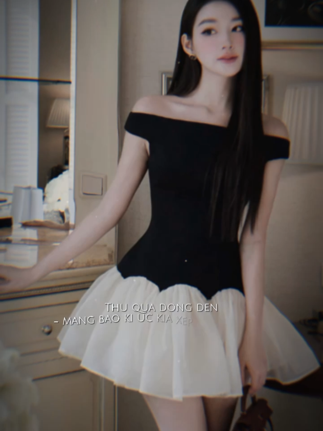 Váy trễ vai tăm lạnh phối voan xòe cho các nàng, đầm dự tiệc bẹt vai tiểu thư sang chảnh kèm quần bảo hộ rời 