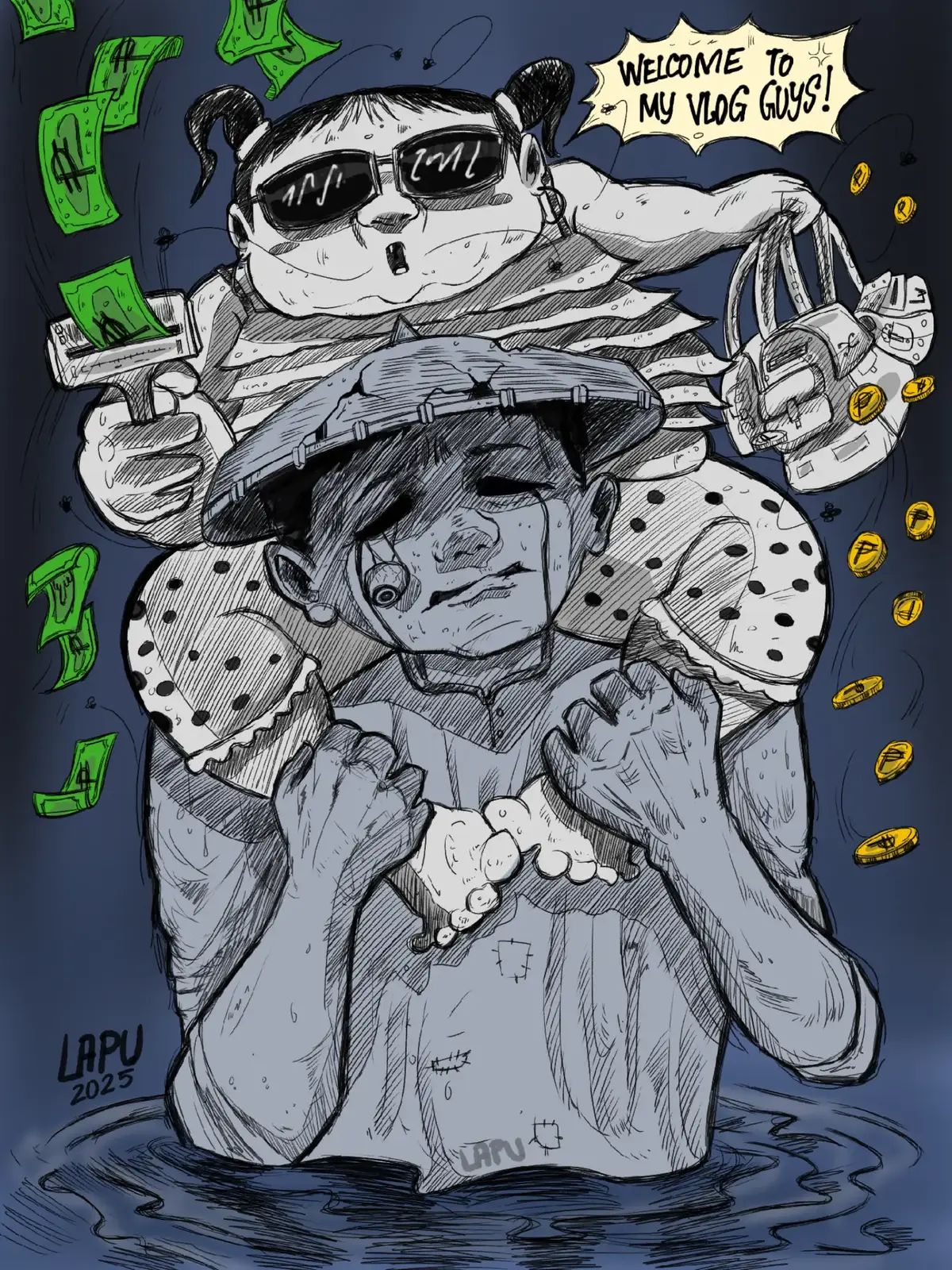 Nagpapakasasa sa nakaw habang ang mga karaniwang pilipino ay nalulubog, hindi lamang sa baha pati na rin sa magandang kinabukasan. Wakasan na ang political dynasty sa Pilipinas!  #philippines #fyp  #drawing #editorialcartooning #floodcontrol 