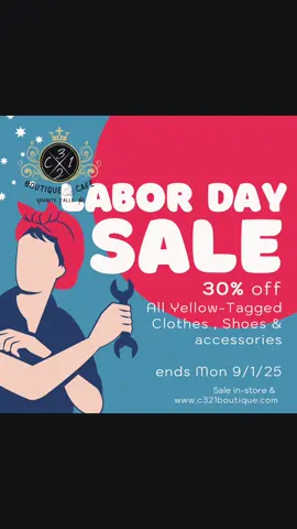 Labor Day Weekend Sale through Monday 9/1/25!  Take extra 30% off all yellow tagged apparel, shoes & accessories!!! Shop in-store or online! #LaborDaySale #ShopSmall #WeekendSale