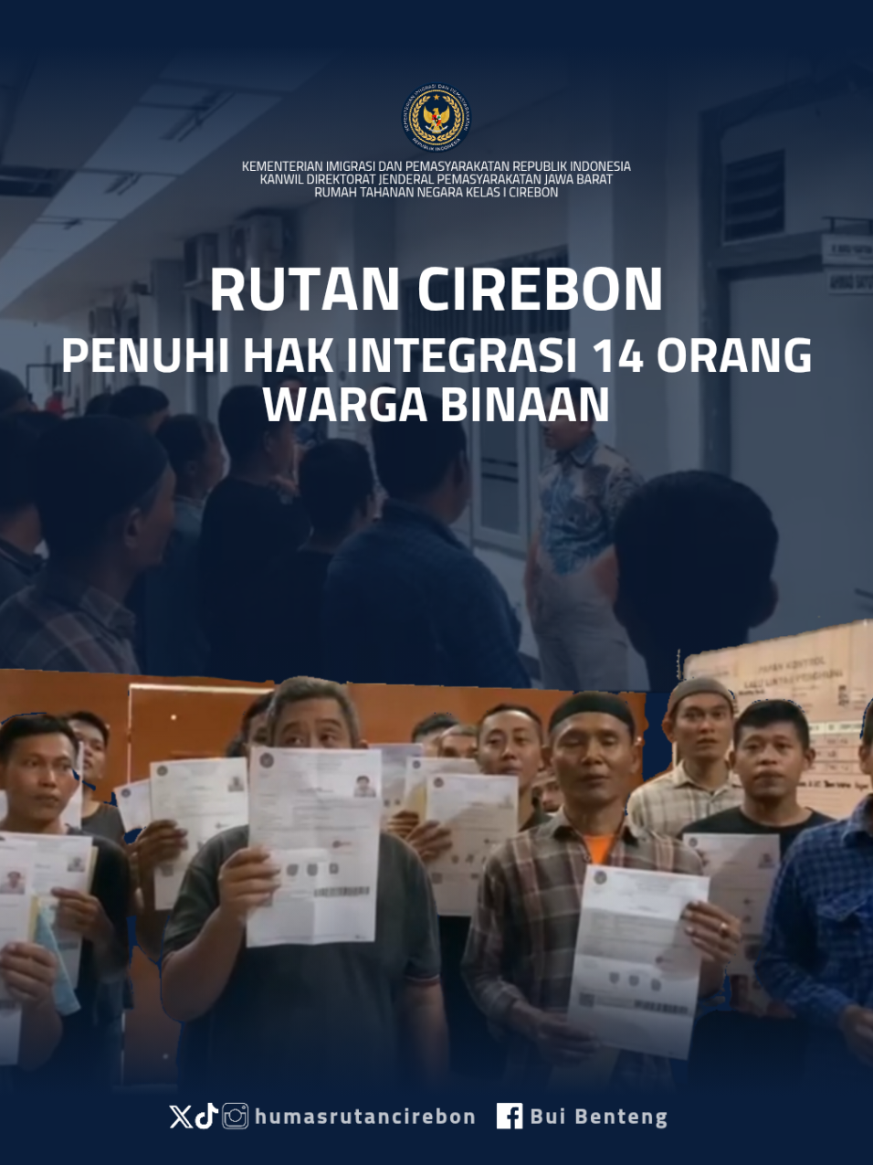 Halo Sobat RBC! Pada hari ini, Rutan Cirebon penuhi hak integrasi bagi 14 orang warga binaannya yang mendapatkan program. Diantaranya 13 orang mendapatkan PB (Pembebasan Bersyarat) dan 1 orang CB (Cuti Bersyarat). Program integrasi ini diberikan bagi mereka yang telah berperilaku baik, serta memenuhi persyaratan lainnya, dan tentunya telah menjalani masa 2/3 dari masa pidananya. @Kemenimipas RI @Ditjen Pemasyarakatan @pemasyarakatanjabar #kemenimipasri #ditjenpas #rutanbentengcirebon #bebas   #hak   
