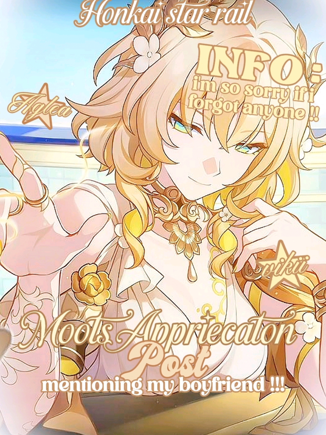 🌻⋆.ೃ࿔*:･ #AGLEA || i love my mooties sm?!  #goviral #HonkaiStarRail #hoyocreators #HonkaiStarRail  mentioned : @Nicolai 🌙 @ꜱᴀʙʀɪɴᴀ ₊˚ෆ @Iwoo @can1e @𝘔𝘪𝘰 𝜗𝜚 @chiirex @𝐖𝐫𝐢𝐨𝐱𝐦𝐞 𝜗𝜚  @° +🕸️⋆⁎𝐉𝐨𝐧₊ ⊹ @claudia ♡ @hiatus </3 @ALICE @阿丽雅✿/ᐠ｡ꞈ｡ᐟ\ @Abii @Absolute 𝓐𝓬𝓱𝓮𝓻𝓸𝓷 𝓕𝓪𝓷 @Aeon of Cipher @Aerea☽༓･* @Aerith💐 @aeri ✮⋆˙ @Aglaea's Nr1 best wife 🤭😻‼️ @Aiersuke_ :3 