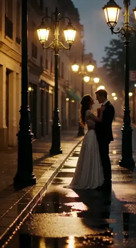 A couple standing under street lights in light rain, holding hands, romantic atmosphere, 4K ultra-realistic cinematic look.