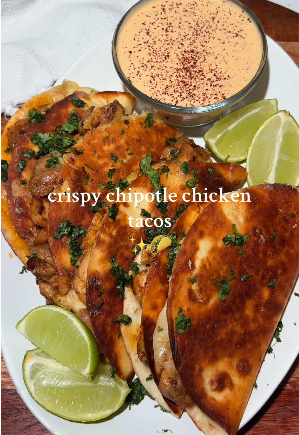 Chipotle chicken tacos ✨🌮 Ingredients  Chicken - 1.5 pounds boneless skinless chicken thighs, cut into small pieces  - 1 tbsp olive oil  - 2 tsp garlic powder  - 2 tsp onion powder  - 2 tsp chili powder  - 2 tsp oregano  - 1 tsp cumin  - 1 tsp salt - 1/2 tsp black pepper  - Flour tortillas  Chipotle sauce - 1/2 cup mayonnaise  - 1/2 cup sour cream - 1/4 cup chipotle sauce  - 1/4 cup buttermilk  - 1/2 tbsp honey - 1 tbsp ranch seasoning  - 2 tsp garlic powder  - 1 tsp chili powder  - 1 tsp salt - 1/2 tsp black pepper  - Juice of one lime  Pico de gallo - 2 Roma tomatoes, diced - 3 jalapeños, diced - 1 yellow onion, diced - Cilantro - Juice of half lime - Salt and pepper to taste Instructions - In a large bowl combine olive oil, chipotle sauce garlic powder, onion powder, chili powder, cumin, oregano, salt, and pepper.  - Coat chicken in seasonings and mix well. Refrigerate for at least 30 minutes (up to overnight). - Heat a skillet or grill pan over medium-high heat. - Cook chicken for 5–6 minutes per side until charred and fully cooked (internal temp 165°F). - Fry tortillas in an oiled skillet add cheese, chicken, fold, and flip over. Cook until golden brown and crispy. - In a medium bowl combine diced tomatoes, jalapeños, onions, cilantro, lime juice, salt and pepper and mix until combined. Set aside - In a small bowl combine chipotle sauce, honey, mayo, sour cream, buttermilk, and spices. Mix until well combined and set aside until ready to serve. • • • #DinnerIdeas #tacos #EasyRecipe #Recipe 