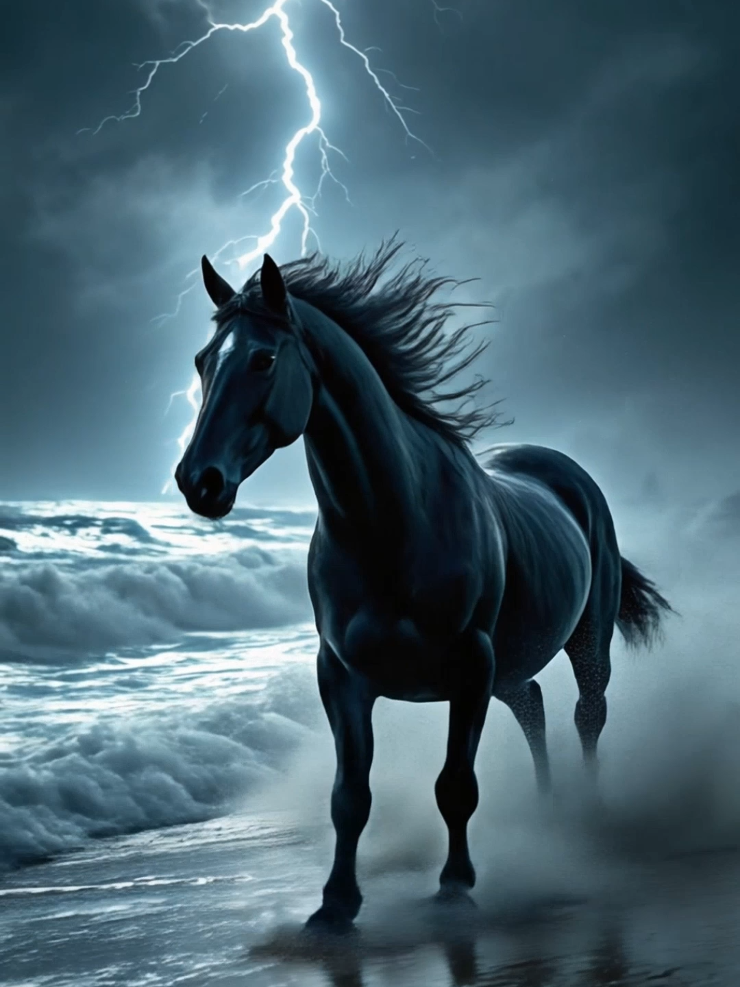 Live Wallpaper | Untamed Spirit #horse #blackstallion #livewallpaper #cinematicvibes #runninghorse #beach #sea #lightning #waves #aivideo #wallpapervideo
