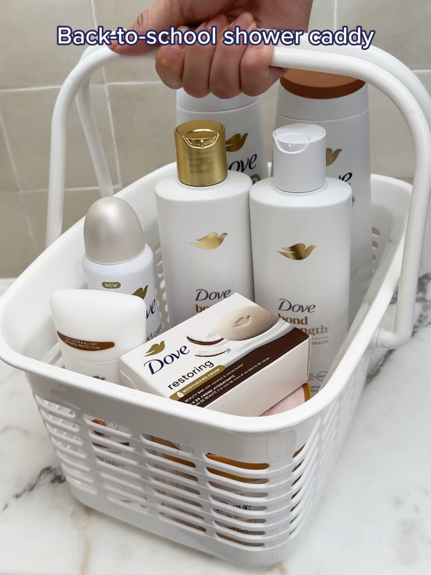 Back-to-real-life essentials. What’s in your shower caddy? #Dove #ShowerCaddy #BodyCareRoutine #ShowerTok