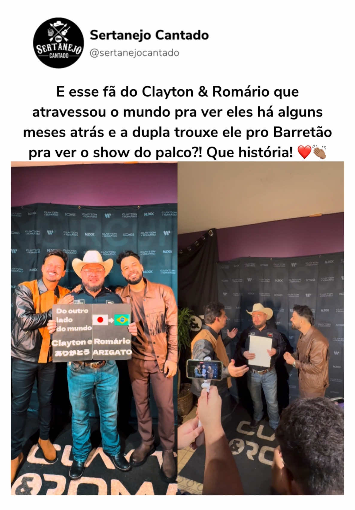 Emocionante! Hiroshi, fã japonês da dupla @Clayton & Romario atravessou o mundo do Japão diretamente pra São José do Rio Preto para assistir um show da dupla e conhecê-los há alguns meses, a dupla viu o gesto e o trouxe novamente pra curtir o Barretão no palco! Que gesto! ❤️👏🏽 . . . #musica #musica #claytoneromário