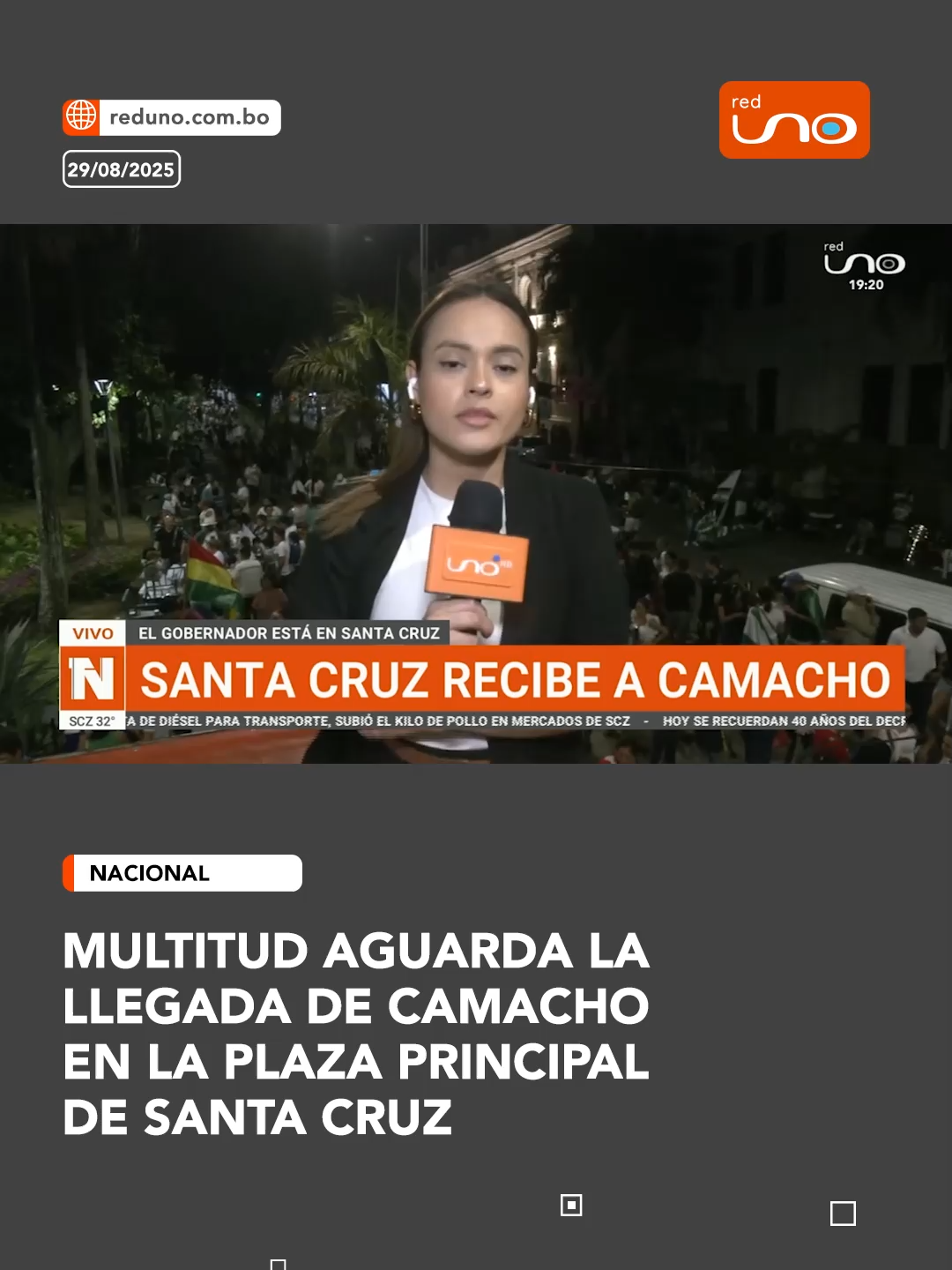 #Nacional l Multitud de personas aguardan la llegada del gobernador electo de Santa Cruz en la plaza 24 de septiembre. Camacho recorre las calles cruceñas en una caravana que es acompañada por la ciudadanía. Visita reduno.com.bo #RedUno #Justicia #Bolivia