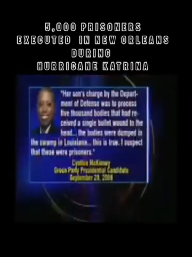#CynthiaMcKinney was reported by Fox News on October 2, 2008, to have had a conspiracy theory stating that during the aftermath #HurricaneKatrina, #ThePentagon dumped 5,000 executed felons that were killed by a single bullet to the head.