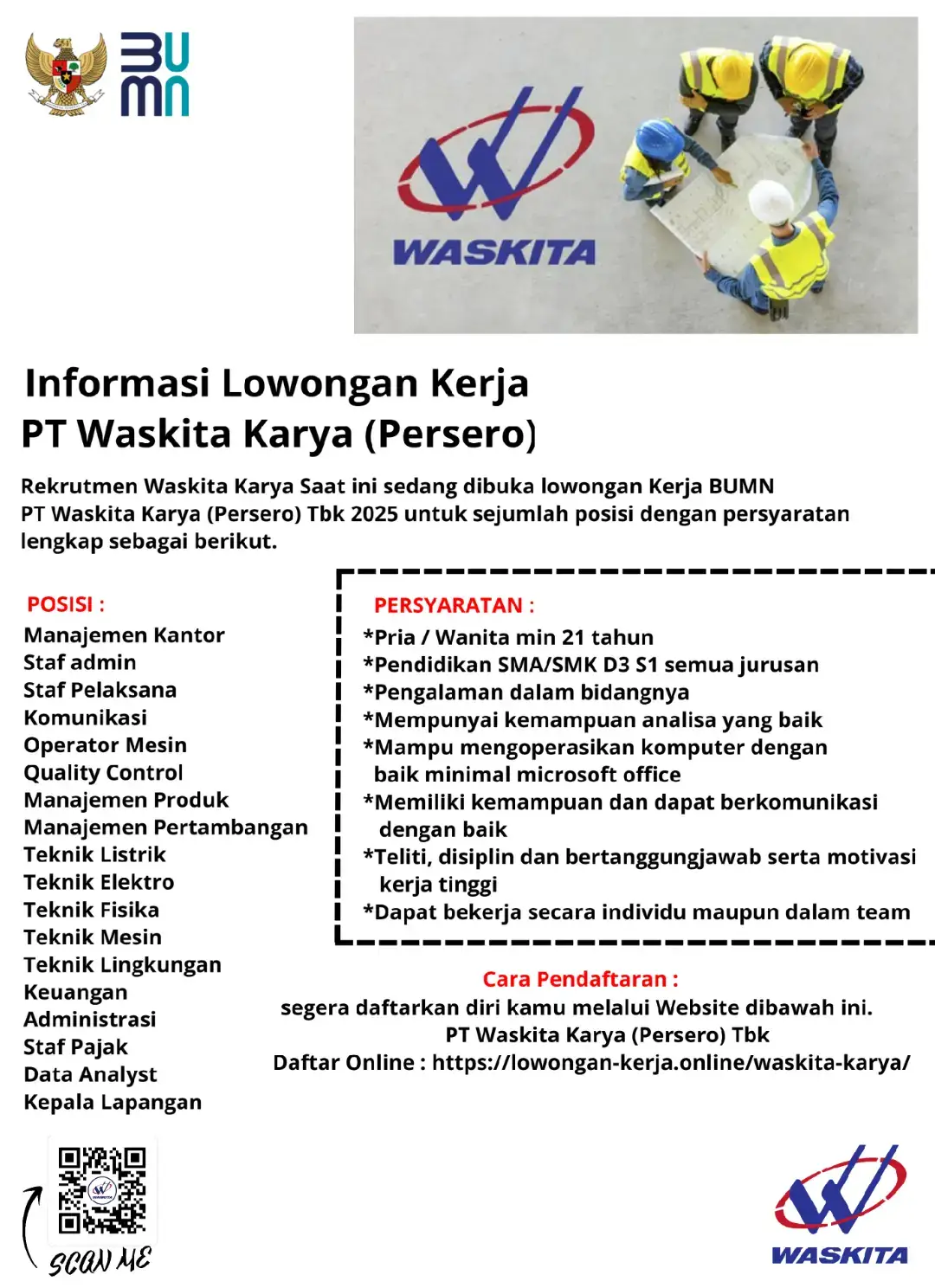 Informasi lowongan kerja terbaru PT WASKITA KARYA 2025,Daftar Melalui Link Yang Tertera Di Gambar #lowongankerja 