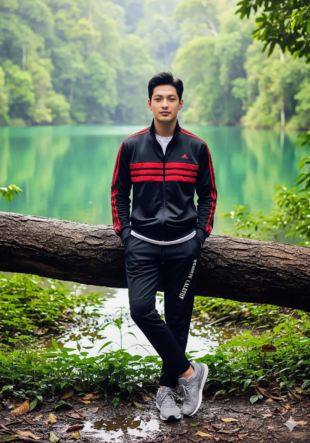 Prompt Cinematic: Potret sinematik ultra-realistis seorang pria muda Indonesia dengan rambut hitam lurus belah samping, mengenakan jaket training hitam bergaris merah dengan logo Adidas merah di dada kiri, celana hitam dengan tulisan putih di paha, serta sneakers abu-abu dengan sol putih. Ia berdiri bersandar santai pada batang pohon besar yang tumbang, kedua tangan masuk ke dalam saku celana, menatap kamera dengan ekspresi tenang. Latar berupa danau hijau alami yang memantulkan pepohonan lebat di sekitarnya, dipenuhi vegetasi tropis segar, daun hijau basah, tanah lembap, dan genangan air kecil. Pencahayaan lembut alami, seperti cahaya matahari terhalang awan, memberikan nuansa lembap dan sejuk khas hutan hujan tropis. Kamera dengan depth of field dangkal, fokus tajam pada subjek, latar belakang sedikit blur bokeh, warna hijau dan cokelat yang kaya serta kontras. Komposisi ala film drama petualangan, atmosfer menenangkan sekaligus misterius. rasio gambar 3:4 #alam #aiphotography #prompt #gemini #fyp 