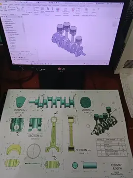 Cylinder Engine by Inventor.  2D drawing by @tutorial teknik drawing #engineer #teknikmesinindonesia #mechanicalengineering #fyp #foryou 