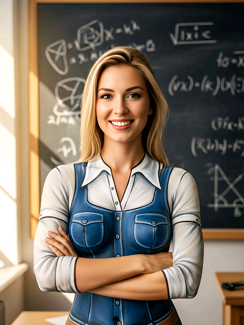 Cute body art painted woman model with a teacher cosplay outfit. #bodyart #bodypaint #teacher #cosplay #painting 