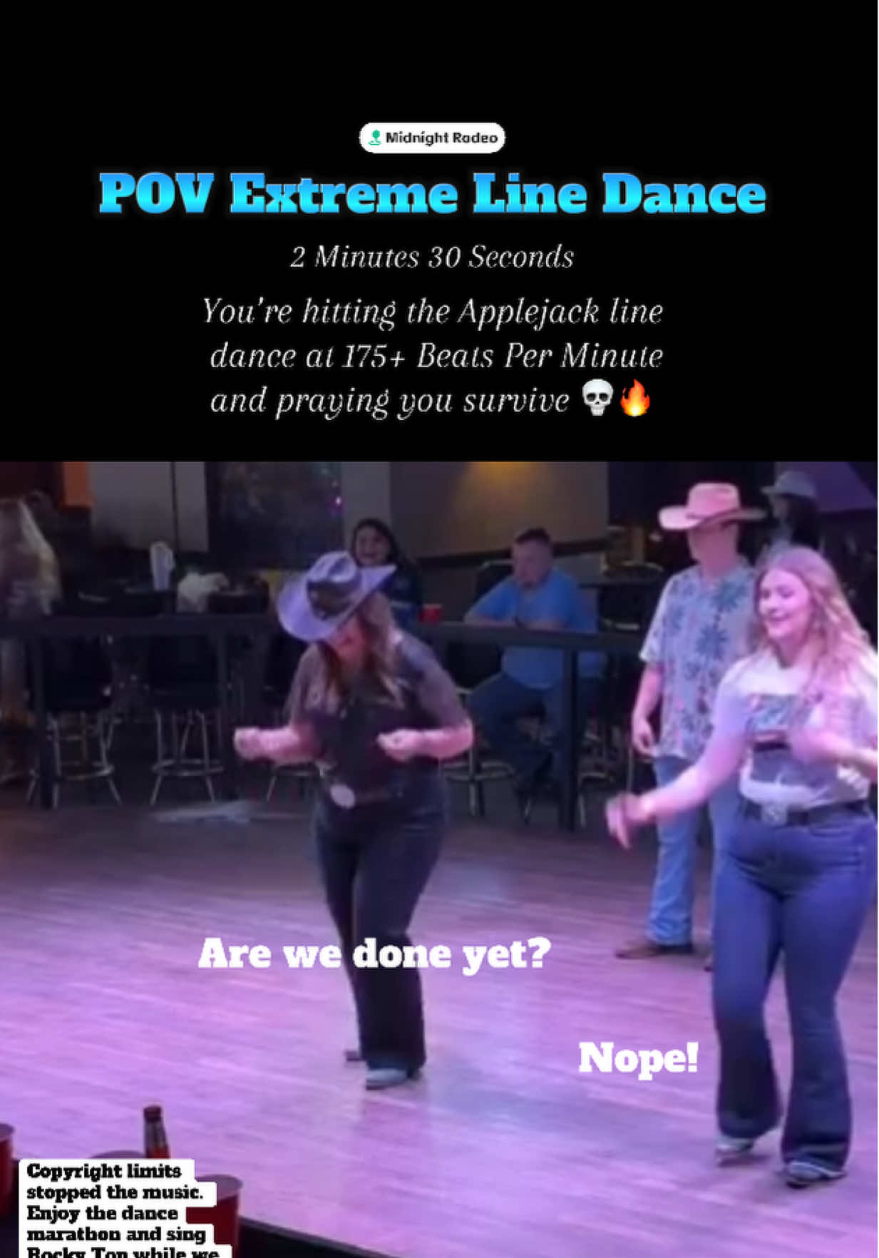 Coach Tara and Coach Karissa lit up the floor with the Applejack line dance demo at Midnight Rodeo — 175+ BPM, 2 minutes and 30 seconds of precision, speed, pure energy and just a FEW GOLD STARS! ⭐️ ⭐️⭐️ #MidnightRodeo #ApplejackDance #tiktoklive #livehighlights #ourcoachescandance @KarissaJCross @rockinrandydj Jonesboro AR 