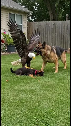 When an Eagle Attacks a Puppy and Faces a German Shepherd   #EagleVsDog #WildlifeEncounter #AIWildlife #독수리 #ワシ     An eagle swoops down on a helpless puppy.   But a German Shepherd won’t let it happen without a fight.   A backyard turns into a battlefield — you won’t believe this.  