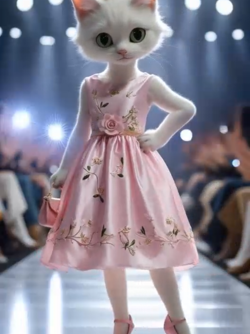 This feline is rocking the runway! 🐾 A perfect blend of fluff and high fashion. What a fierce 