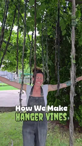 Make Hanger Vines hang on Tree branches in seconds for Halloween!  For a windy climate, bend the wire hooks around the branches for a stronger hold!  Supplies Needed: -Large Backer Rod -Bailing Wire -Mod Podge + Water 2:1 -Brown Paint -Tan Paint  -Brown Rope -Fake Leaves & Creepy Cloth  #makers #cosplayer #halloweenlife #halloweenideas #DIY 