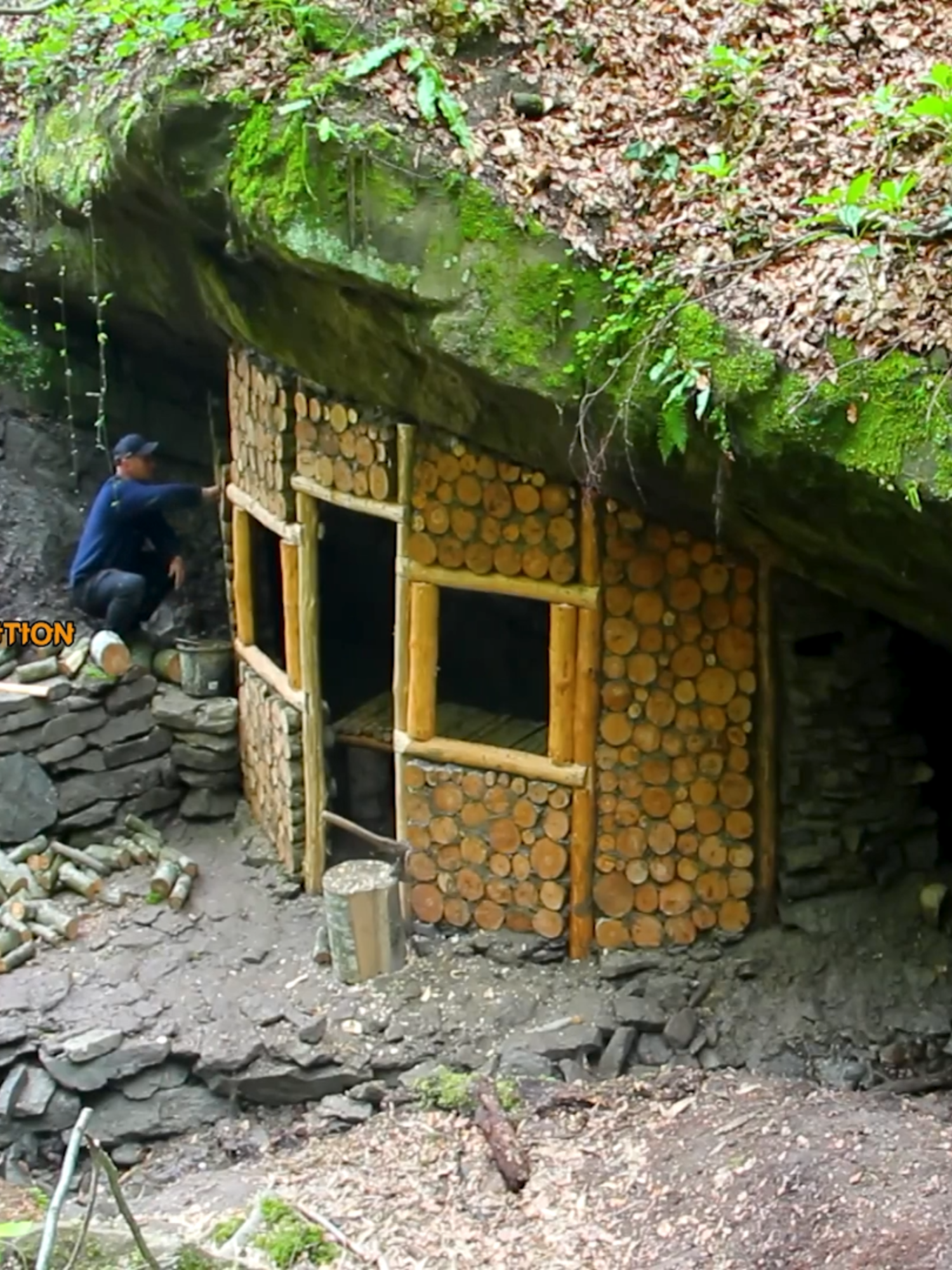 Built a cozy selter under a stone - Working solo from start to finish #bushcraft #camping #Outdoors #adventure #survival