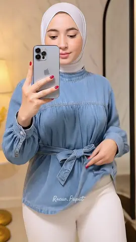 Atasan jeans casual modis ikat pingang #atasanwanita #blousecantik #premium 